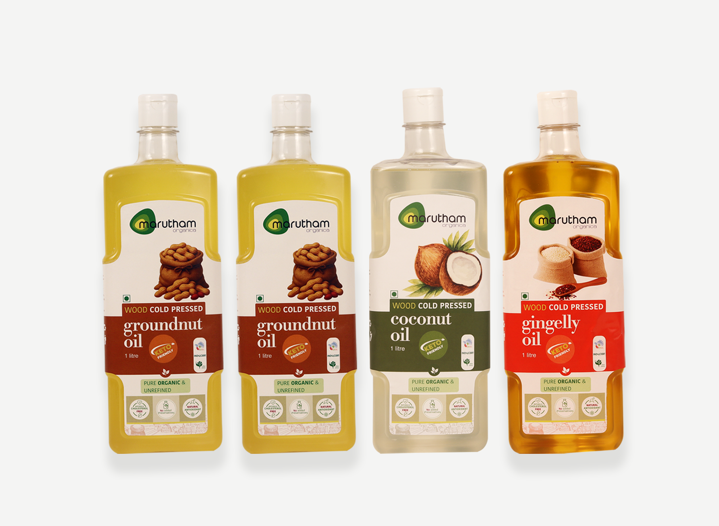 Organic All-in-One Cold Pressed Oil Combo (4 Bottles – 1L Each) – (2 Groundnut + 1 Coconut + 1 Gingelly)