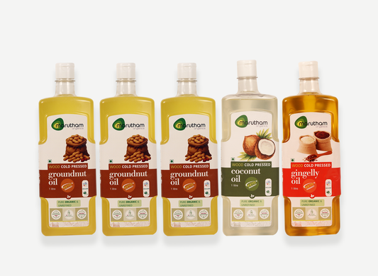 Organic Mega Kitchen Oil Pack – Groundnut, Gingelly & Coconut (5× 1L) (3 Groundnut + 1 Gingelly + 1 Coconut, 1L Each)